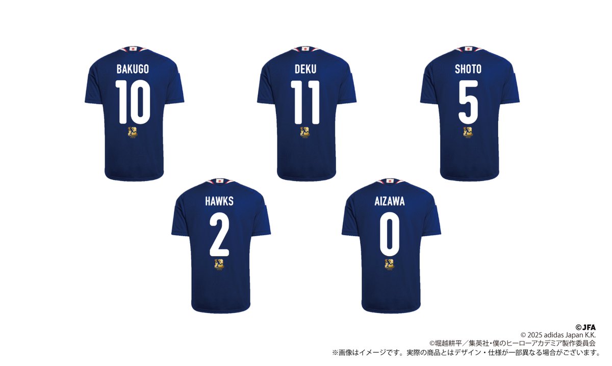 GoalJP_Official's tweet photo. 🇯🇵 ”ヒロアカ” × #SAMURAIBLUE！🦸

今年10周年を迎えたアニメ『僕のヒーローアカデミア』のキャラクターたちが #サッカー日本代表 のユニフォームを身にまとった限定描き下ろしビジュアルによるスペシャルグッズが6月1日より販売決定！

さらに、緑谷出久（DEKU）と爆豪勝己（BAKUGO）、轟焦凍（SHOTO）、相澤消太（AIZAWA）、ホークス（HAWKS）の名前と、アニメ10周年ロゴがプリントされたレプリカユニフォームも登場する。