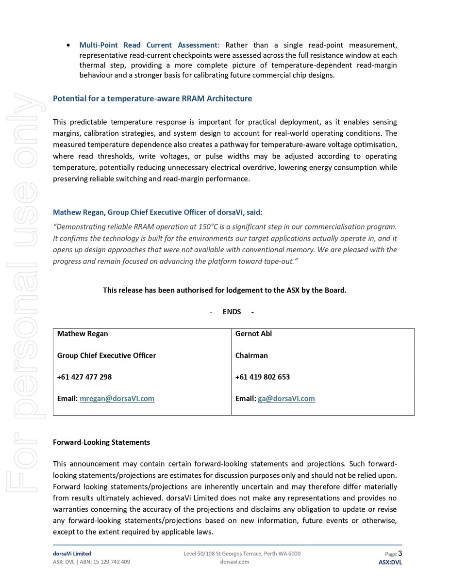 TheGladiatorHC's tweet photo. dorsaVi (ASX: $DVL) Reports Stable RRAM Performance at 150°C, Advancing Commercial Applications

Key Highlights
• Demonstrated stable and reversible RRAM performance up to 150°C, validating reliability in extreme conditions.
• Testing aligned with AEC-Q100 automotive-grade standards, supporting industrial and automotive applications.
• Confirmed no permanent thermal degradation, with performance fully recovering after cooling.
• Supports development of temperature-aware RRAM designs for improved power efficiency.
• Strengthens potential applications in robotics, exoskeletons and autonomous systems.

@dorsavi @dorsaViUSA 
Link to the Announcement:
https://t.co/7hZtDlHz6q