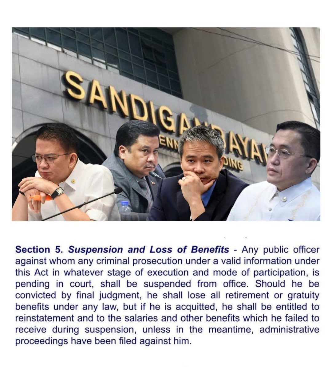 jesusfalcis's tweet photo. Any Senator accused of graft, bribery, or plunder “shall be suspended” according to R.A. 3019 (Anti-Graft and Corrupt Practices Act) and R.A. 7080 (Anti-Plunder Law).

The Sandiganbayan, Second or Fifth Division, should suspend Jinggoy Estrada asap TODAY! 👊

#Suspension https://t.co/oFiESfrJBJ
