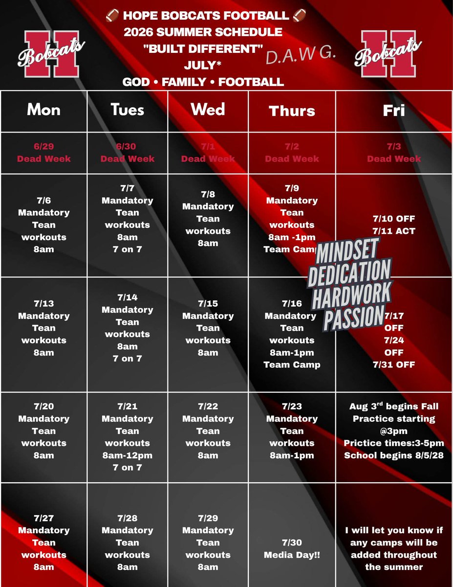 CoachBlessed's tweet photo. 2026 Bobcat Summer Football Schedule for grades 7th thru 12th grade football players. The Grind Starts This Week!!! #BOBCATPRIDE. https://t.co/Y4jEP2kJmo