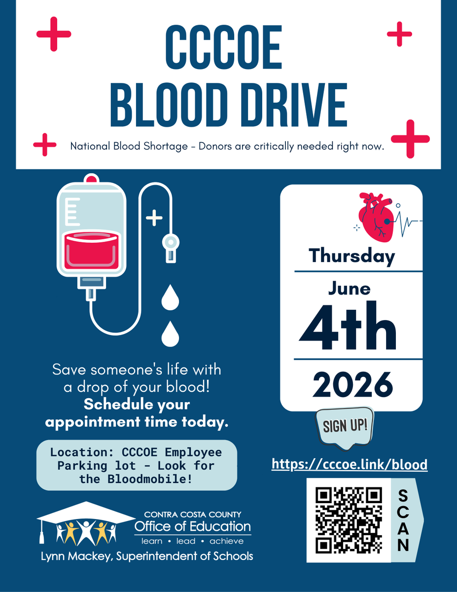CoCoSchools's tweet photo. CCCOE is hosting a Blood Drive on June 4.

Signing up takes just a few minutes, and one donation can help save multiple lives. Blood donations are essential year-round and directly support patients in need across our community.

Reserve your appointment: https://t.co/MfwlAj6BV9 https://t.co/RtbzyjADoa