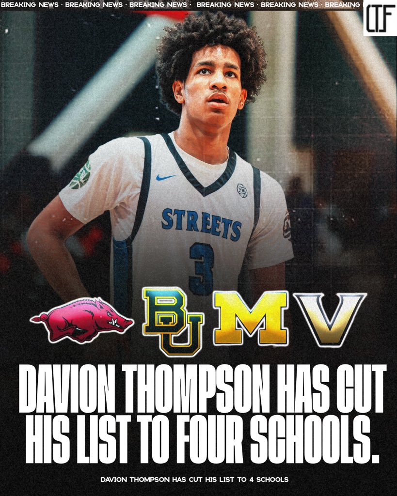 4qhcaden's tweet photo. 2027 Top-25 recruit Davion Thompson is down to four schools: Arkansas, Baylor, Michigan, and Vanderbilt.

The dynamic 6’2” point guard has been one of the hottest names on the EYBL circuit this spring, averaging 21.7 PPG while shooting nearly 52% from three. Thompson will announce his college commitment on June 10.

@Davion_t9