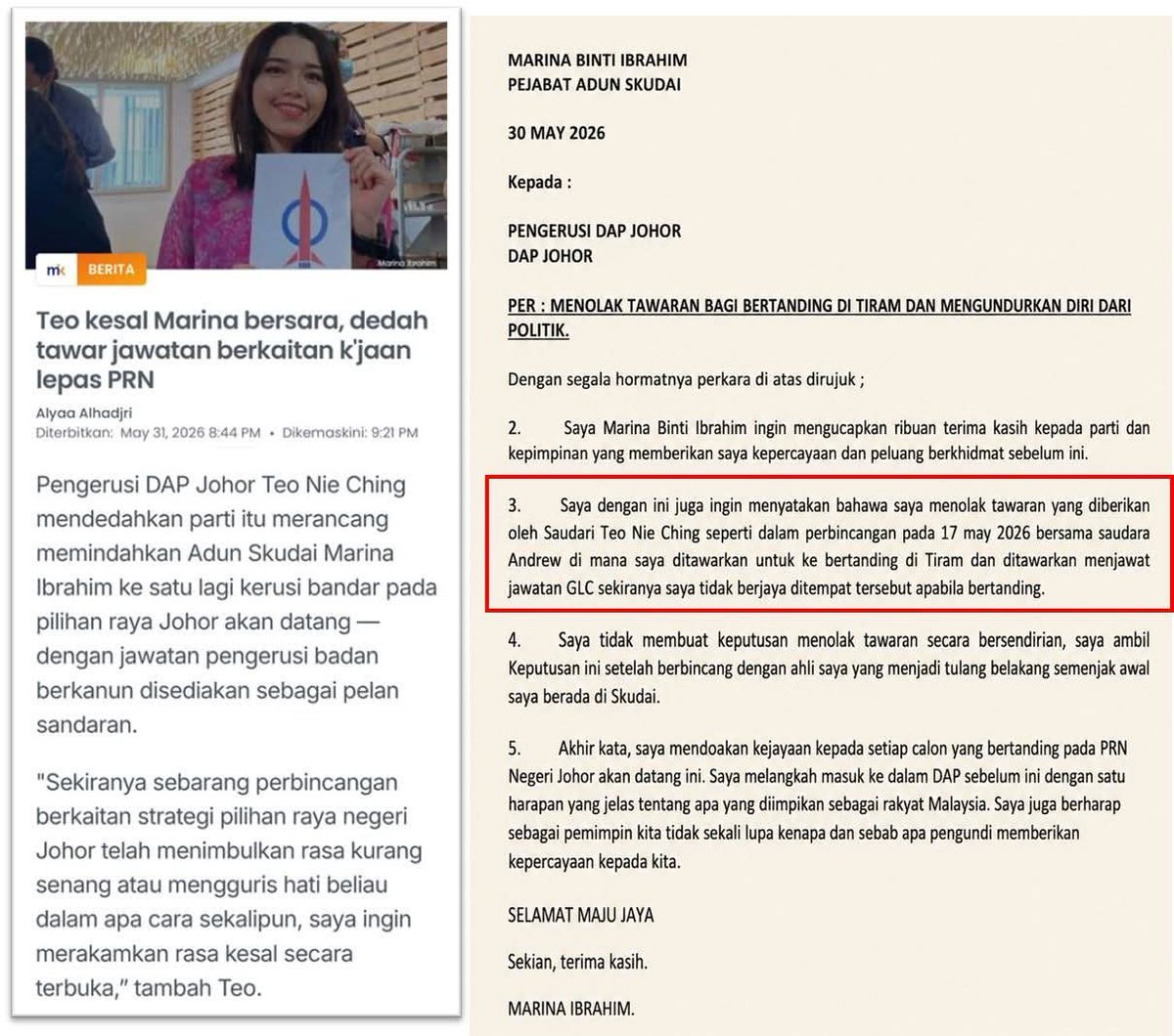 mynewshub's tweet photo. REFORMASI LA SANGAT...🤣🤣🤣🤣🤣

Sekarang Kalah Pun Ada Pakej GLC? - Presiden PCM Sindir DAP

Oleh Mynewshub 

KUALA LUMPUR - Presiden Parti Cinta Malaysia (PCM), Datuk Huan Cheng Guan membidas DAP kerana menawarkan jawatan pengerusi badan berkanun kepada Ahli Dewan Undangan Negeri (ADUN) Skudai, Marina Ibrahim jika bersetuju bertanding di kerusi lain.

Beliau menerusi satu hantaran di media sosial menyifatkan pendedahan Pengerusi DAP Johor, Teo Nie Ching itu bercanggah dengan perjuangan reformasi konon tiada lantikan politik dalam syarikat berkaitan kerajaan (GLC)

"Dulu DAP kata lantikan politik dalam GLC adalah habuan dan menentang habis-habisan. Sekarang kalah pun ada “pakej GLC” Reformasilah sangat," sindirnya.

Nie Ching semalam mengesahkan Pakatan Harapan (PH) bercadang menempatkan Marina bertanding di kawasan lain pada Pilihan Raya Negeri (PRN) Johor akan datang.

Cadangan itu berdasarkan rundingan pembahagian kerusi PH Johor yang menyaksikan DAP berkemungkinan besar bertanding di satu kerusi bandar yang pernah dimenangi PH pada 2018.

Nie Ching turut mengesahkan beliau mencadangkan supaya Marina dilantik sebagai pengerusi sebuah badan berkanun kerajaan tanpa mengira keputusan PRN kelak. 

Perkara itu telah dijelaskan secara terperinci kepada Marina, namun ADUN Skudai itu membuat pengumuman untuk tidak bertanding dalam pilihan raya akan datang.

"Rupanya langkah ADUN DAP Skudai untuk bersara dari politik ialah sebab dia kena buli. Dia disuruh berpindah dari Skudai untuk bertanding di Tiram iaitu kawasan majoriti Melayu dan jika kalah akan diberi jawatan GLC.

"Akhirnya Pengerusi DAP Johor terpaksa mohon maaf selepas surat letak jawatan Marina terbongkar," katanya. - MYNEWSHUB 

Sumber Info/Foto: Akaun Media Sosial Huan Cheng Guan