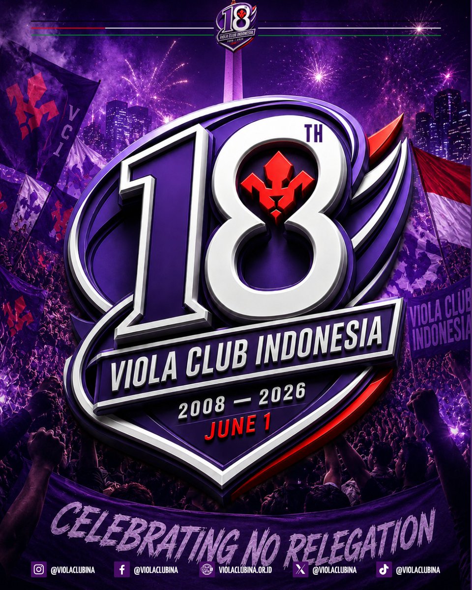 ViolaClubINA's tweet photo. Enggak terasa, sudah 18 tahun perjalanan penuh cinta, dan emosi. Tua iya, setia apalagi 💜

Tahun ini juga jadi momen spesial karena ACF Fiorentina menuju 100 tahun sejarahnya.

Naik turun sudah dilewati udah kayak roller coaster,… yang penting satu: untung enggak degradasi https://t.co/ojZdaUoGyh