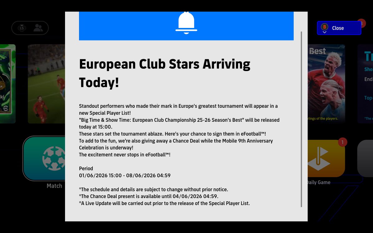 efootballpes_AR's tweet photo. 🚨🚨🚨🚨 نجوم الأندية الأوروبية تصل اليوم! ⚽🔥

أبرز نجوم الأندية الأوروبية اللي تألقوا في أقوى بطولات الموسم (25-26).

 في قائمة Special Player List جديدة! "Big Time & Show Time: European Club Championship 25-26 Season's Best"

🕒 الإصدار: اليوم 01/06/2026 الساعة 15:00 بتوقيت مكة المكرمة
📅 الفترة: من 01/06/2026 15:00 حتى 08/06/2026
🎁هدية مجانية Chance Deal مع احتفال الذكرى التاسعة لـ eFootball لسخة الموبايل.
#eFootball 
#eFootballpes_AR