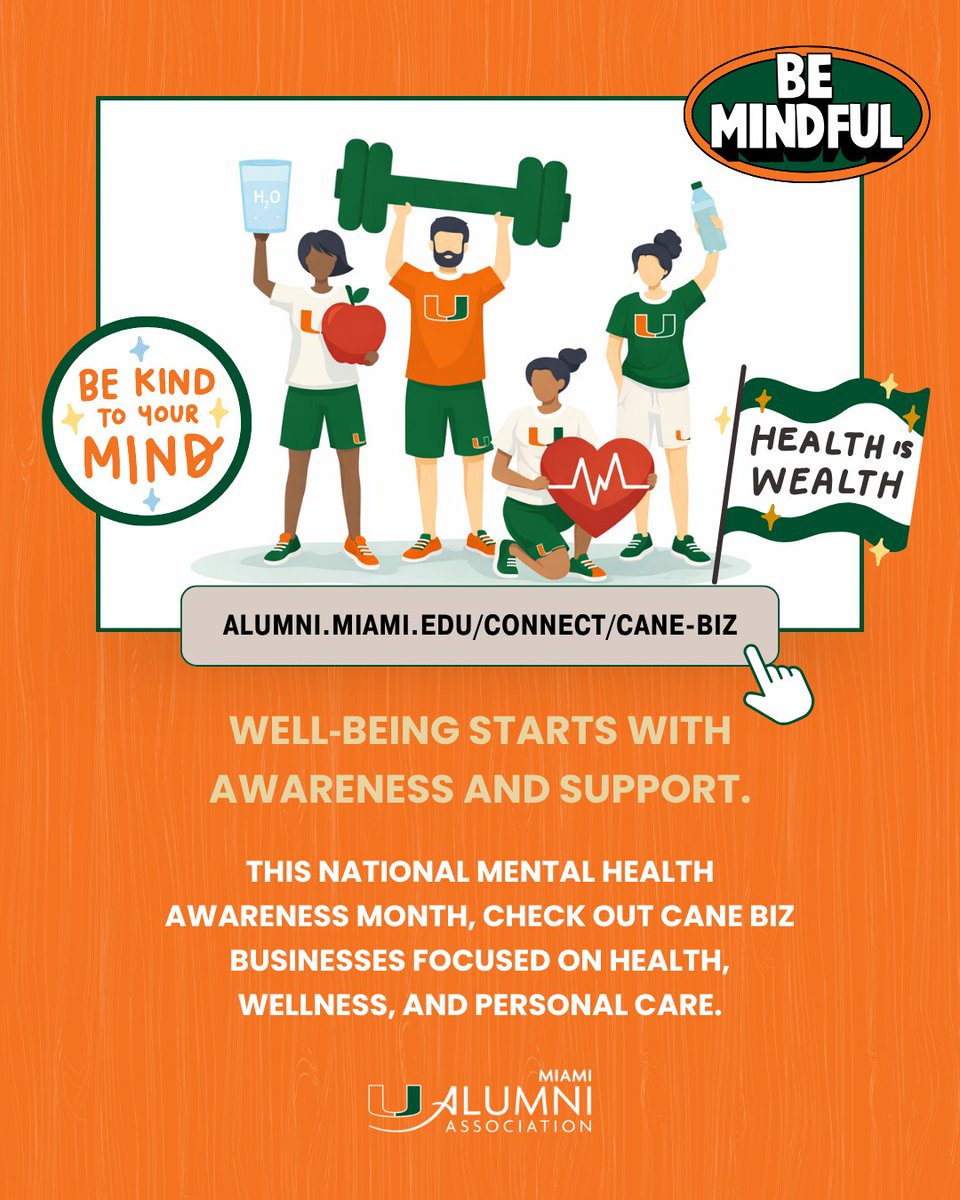 pbccanes's tweet photo. Well‑being starts with awareness and support. 🧠

As we wrap up National Mental Health Awareness Month, check out Cane Biz alumni‑owned businesses focused on health, wellness, and personal care, and support Canes who are helping our community thrive. https://t.co/ZG4n3nVf6W