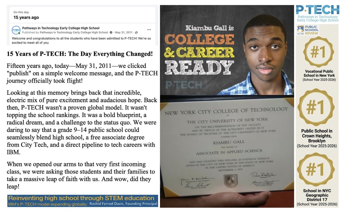 rashidfdavis's tweet photo. #ptech #weareptech @rashidfdavis @PathwaysInTech  #innovation #education #onthisday #otd 

Fifteen years. It is hard to find the words to completely capture what it feels like to look at that simple welcome message from May 31, 2011, and realize how far this "radical dream" has traveled.

When we clicked "publish" all those years ago, we weren't just launching a new school website—we were stepping into the absolute unknown. We were asking the community, our very first incoming class, and their families to take a massive leap of faith with us on an unproven grade 9–14 public school model. We didn't have rankings, historic data, or a global footprint to point to. We just had a bold blueprint, a fierce commitment to equity, and an incredible partnership between public education, City Tech, CUNY, and IBM.

Seeing Kiambu Gall’s face alongside his Associate in Applied Science degree from New York City College of Technology brings it all back. Kiambu, and every student in that trailblazing first cohort, proved that when you eliminate systemic barriers and offer a seamless, free pathway from high school straight into a tech career, our young people don't just succeed—they soar.

From a Brooklyn Blueprint to a Global Movement

What started as a single, disruptive school in Crown Heights, Brooklyn, has grown into a defining global educational movement. Reflecting on our journey from day one to today:

The Original Vision: Seamlessly blending a high school diploma, a free AAS college degree, and a direct pipeline to competitive tech careers.

Locally Rooted Excellence: To see our founding school recognized as the #1 Vocational Public School in New York and the #1 Public School in Crown Heights (School Year 2025-2026) is a testament to the enduring dedication of our staff, students, and partners.

A Borderless Model: That original Brooklyn blueprint has now broken geographic boundaries, replicated across 16 states and 28 countries.

Gratitude to the Village

An innovation of this scale is never the work of one person. As a member of the design team and the founding principal, my heart is full of gratitude for:

Our Students and Families: Who trusted us with their futures when P-TECH was just an idea on paper.

Our Educators and Staff: Who worked tirelessly to reinvent what high school could—and should—look like.

Our Partners at City Tech and IBM: Who proved that public-private partnerships can authentically close the opportunity gap.

We set out to reinvent high school through STEM education and challenge the status quo.

Fifteen years later, the blueprint is no longer an experiment—it is a proven, global reality.