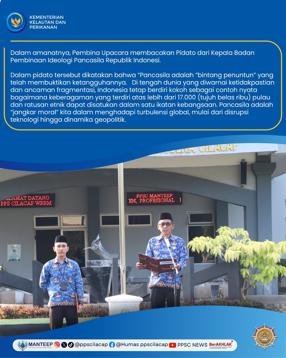 ppscilacap's tweet photo. PPS Cilacap melaksanakan Upacara Peringatan Hari Lahir Pancasila bertempat dihalaman Kantor PPS Cilacap, Senin 1 Juni 2026.

#DJPTDisiplin #DJPTBerdedikasi #DJPTBerprestasi #ppscmanteep #nelayannaikkelas https://t.co/z47pHN6A5X