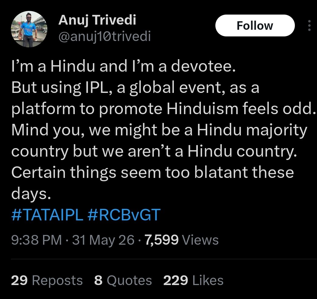 AstuteNyaksha's tweet photo. I’m a Hindu and I’m a devotee.
And using any platform in India to promote Hinduism is absolutely perfect even if its IPL.
Mind you, we are a Hindu majority country are we definitely are a Hindu Rashtra.
If anyone has issues with Hindu activities in India can leave this country. https://t.co/ofDMidr89n