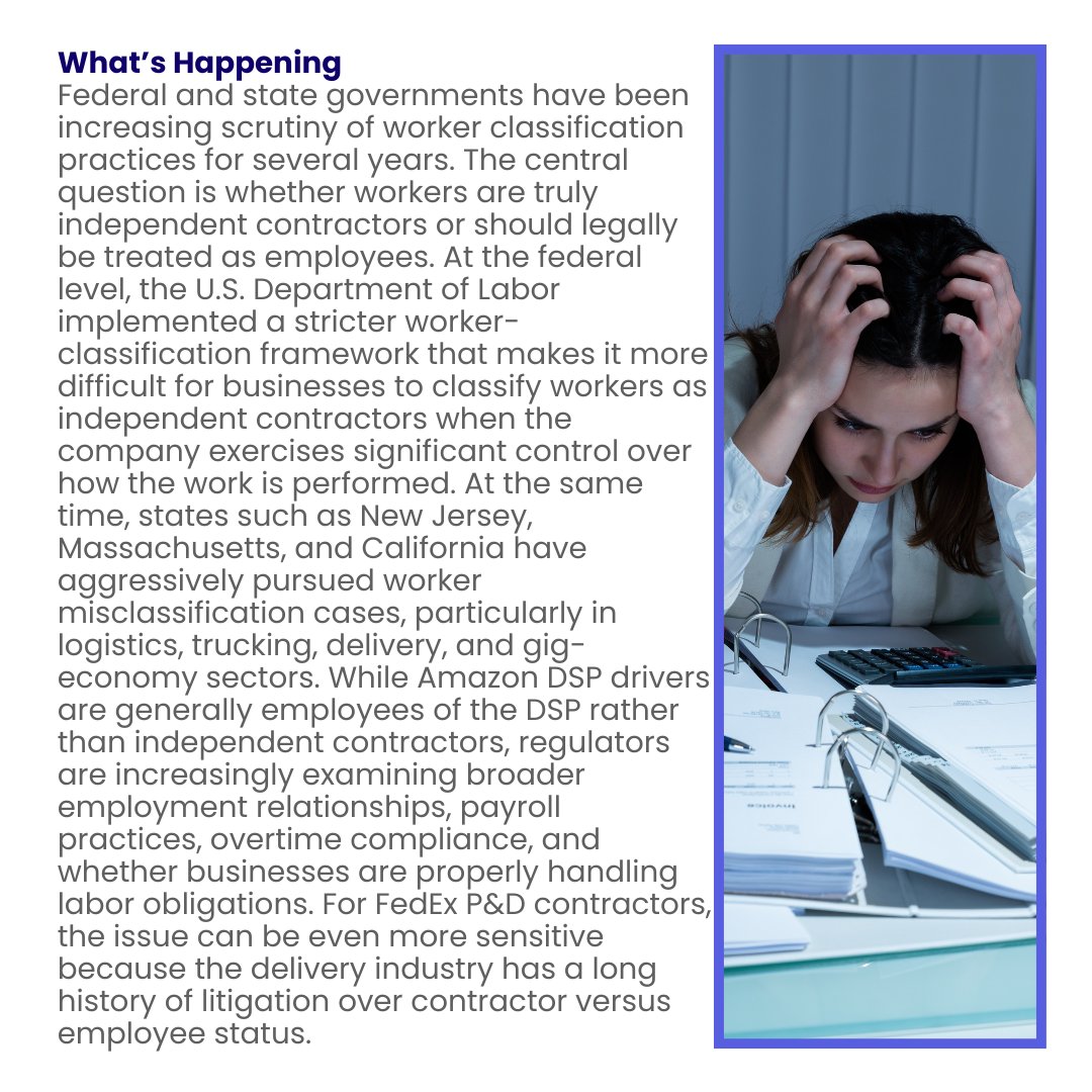 InteractiveAcc1's tweet photo. Worker classification is no longer just an HR issue. It's becoming a major financial risk for delivery businesses.

Federal regulators and states like New Jersey are increasing scrutiny of worker classification, payroll compliance, overtime practices, and labor law enforcement across the transportation and delivery sectors.

For Amazon DSPs and FedEx P&D contractors, the stakes are high. Audits can lead to retroactive payroll taxes, unpaid wage claims, workers' compensation assessments, penalties, and costly legal disputes. At the same time, operators expanding into multiple states may unknowingly create additional tax filing obligations and nexus exposure.

As labor costs continue to rise, compliance is becoming just as important as managing routes, drivers, and vehicles.

Read more in this week's update on the growing labor and tax challenges facing delivery contractors.

#AmazonDSP #FedExContractor #LastMileDelivery #TransportationIndustry #SmallBusiness #TaxPlanning #PayrollCompliance #LaborLaw #Logistics #SupplyChain #BusinessOwners