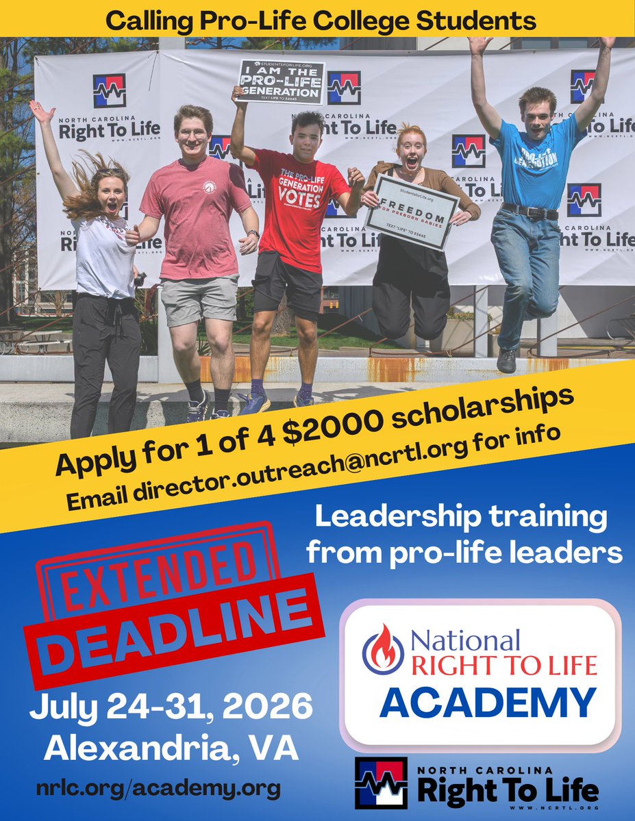 NCRTL's tweet photo. More Time to Apply!

We've extended the scholarship deadline for the National Right to Life Academy from June 1 to June 17!

Don't miss this opportunity to grow as a pro-life leader. Apply by June 17! Email director.outreach@ncrtl.org for application information!

#prolifeNC https://t.co/QOCbWO2Ifv