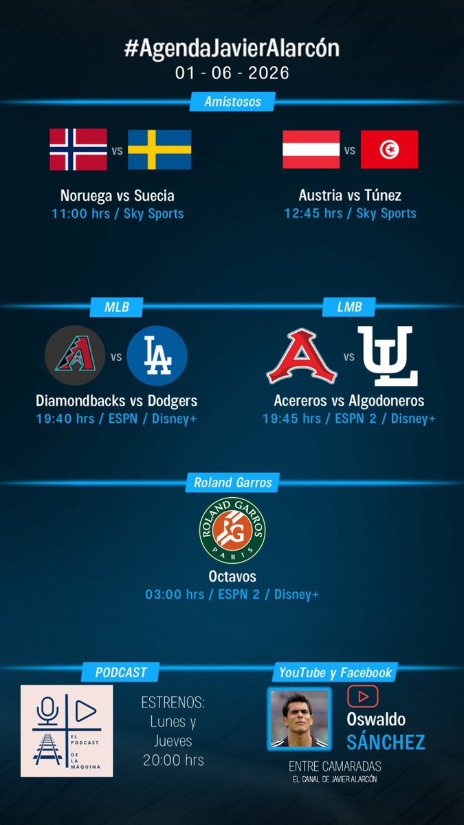 Javier_Alarcon_'s tweet photo. #AgendaJavierAlarcon | #MLB #LMB #RolandGarros #EntreCamaradas https://t.co/hUnOCFjSUv