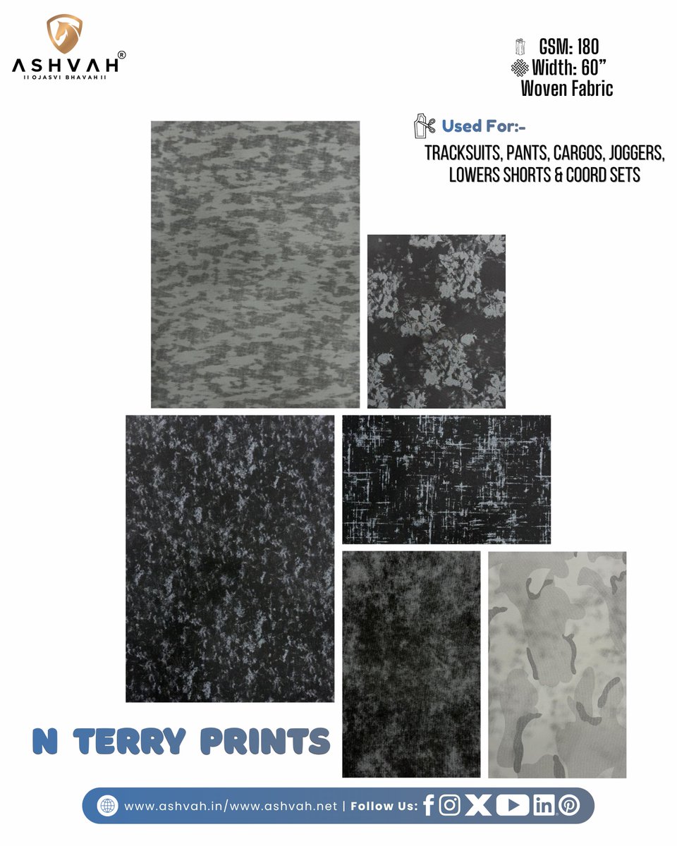 AshvahF's tweet photo. 👖✨ N Terry Prints (Design No. 1-6)Fabrics – Perfect for Tracksuits, Pants, Cargos, Joggers &amp; Lowers!
Soft, durable &amp; stylish — the ultimate choice for comfort and fashion 🌟🧵

#NTerryPrints #TracksuitFabric #JoggerMaterial #CargoFabricIndia #SportswearFabric https://t.co/9Cx2WIDpyR