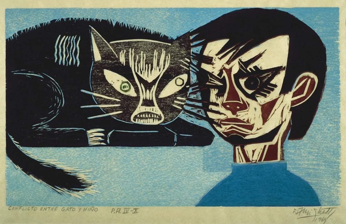 Demeuna's tweet photo. Conflicto entre gato y niño. Francisco Amighetti. 1969 https://t.co/5Zuq97EySJ