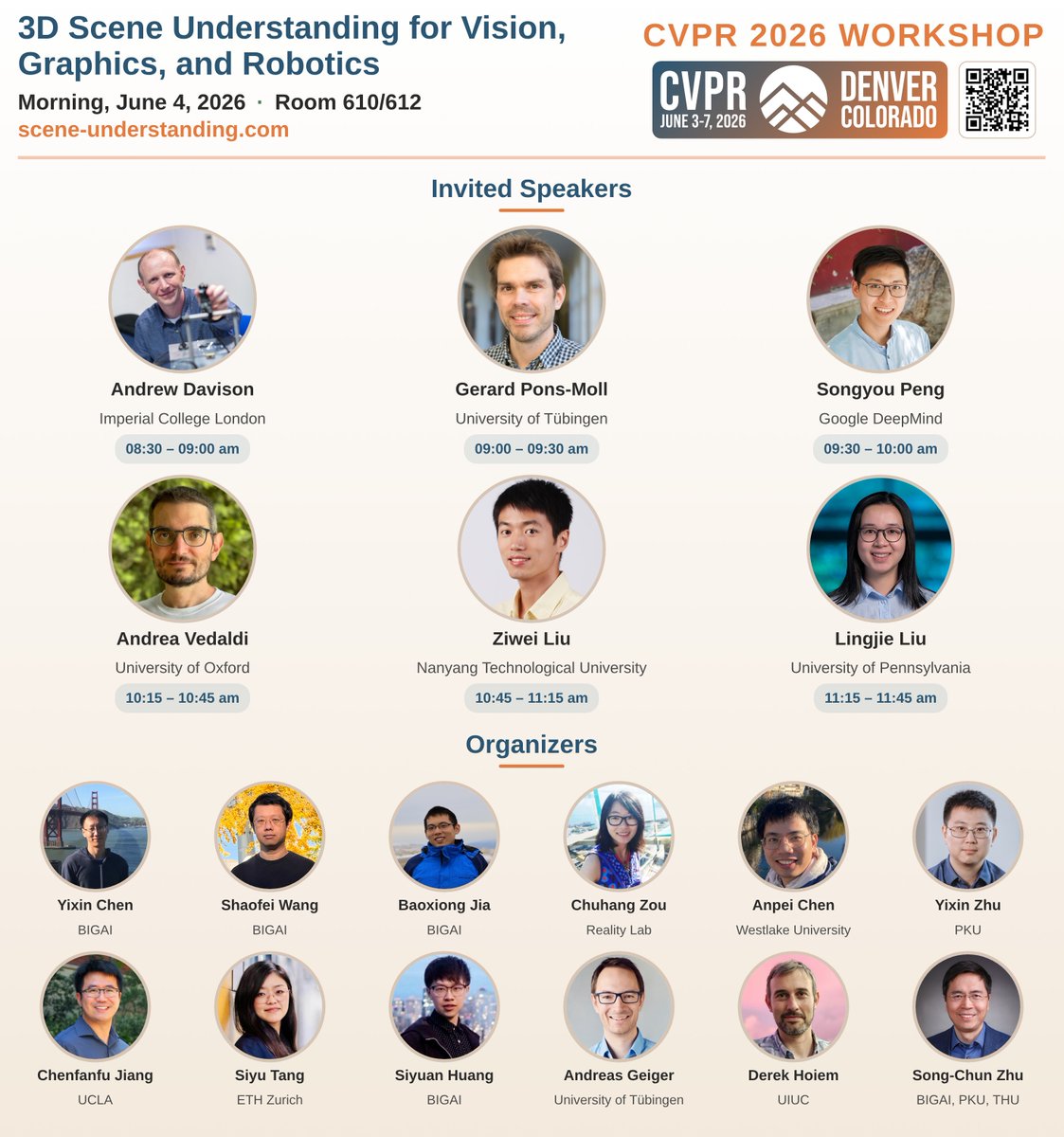 _yixinchen's tweet photo. Join us in the heart of the Rockies @CVPR . 🔥🔥

The 6th workshop on 3D scene understanding for vision, graphics, and robotics #3DSUN is around the corner, and we have a superb lineup of speakers from both top-tier academia and leading industry.

Mark: June 4th, starting from 8:15 AM in Room 610/612! #CVPR2026
https://t.co/EMyCRduRTt