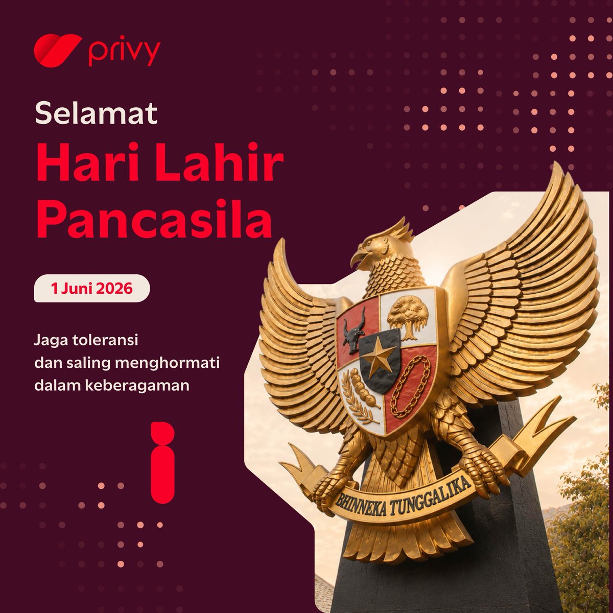 PrivyID's tweet photo. Selamat memperingati Hari Lahir Pancasila.

Mari jadikan Pancasila sebagai fondasi kuat untuk terus menjaga keutuhan Indonesia. https://t.co/AqxFo5X8eO