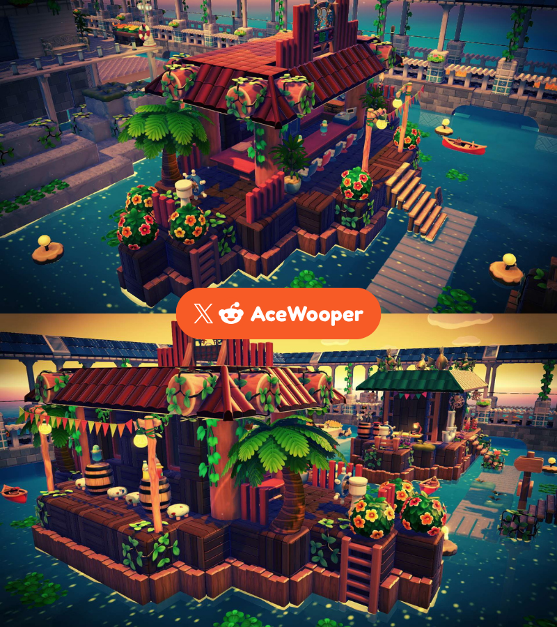 AceWooper's tweet photo. The newest addition to the waterfront district.

I built a floating lounge bar,  alongside the café boat and fishing supplies shop to create a small community floating on the canals.

One more corner of Bleak Beach restored. ⛵🧉🌴

#Pokemon #PokemonPokopia #Pokopia #PokopiaBuild https://t.co/qSpLkcjQ3X