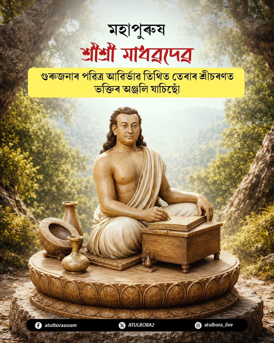 ATULBORA2's tweet photo. অসমীয়া জাতিৰ অন্যতম পথ প্ৰদৰ্শক মহাপুৰুষ শ্ৰীশ্ৰী মাধৱদেৱ গুৰুজনাই সাৰগৰ্ভ সৃষ্টিৰাজি, আধ্যাত্মিক দৰ্শন আৰু অমৃতসম বাণীৰে অসমীয়া জাতীয় জীৱনক আলোকিত কৰি থৈ গৈছে। তেৰাৰ মহান আদৰ্শ আৰু মানৱতাবাদী দৃষ্টিভংগীয়ে যুগে যুগে আমাৰ সমাজখনক সঠিক পথৰ সন্ধান দি আহিছে। 

আজি মহাপুৰুষজনাৰ পুণ্য আৱিৰ্ভাৱ তিথিত তেৰাৰ চৰণত ভকতিৰ অৰ্ঘ্য নিবেদন কৰিছোঁ। গুৰুজনাৰ আদৰ্শই আমাৰ সমাজত ঐক্য, সম্প্ৰীতি আৰু মূল্যবোধৰ চেতনাক অধিক শক্তিশালী কৰি ৰাখক, তাৰেই কামনা কৰিলোঁ।