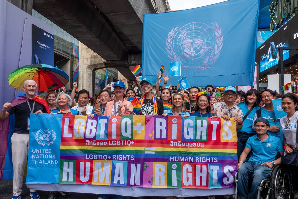 OHCHRAsia's tweet photo. The UN Human Rights Regional Office for South-East Asia joined the UN family at the #BangkokPride Parade, standing in solid solidarity with LGBTIQ+ people and communities as well as human rights defenders. 🏳️‍🌈

We march to celebrate the courage, creativity, and contributions of LGBTIQ+ people across the region and worldwide.

But celebration must go hand-in-hand with action. Together, we must end violence and discrimination against LGBTIQ+ people.

Today and every day, let us stand together for the freedom to live and love freely.