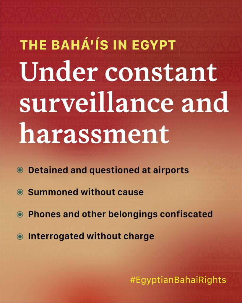 BahaiBIC_Rights's tweet photo. Bahá’ís in Egypt are subjected to a systematic apparatus of surveillance and harassment by the security services. Women and the elderly are not exempt. A Bahá’í woman shares her experience: “What is sad is that I was questioned about the details of my personal life, and I felt as though I was under surveillance, even though I pose no threat to society.”
 #EgyptianBahaiRights