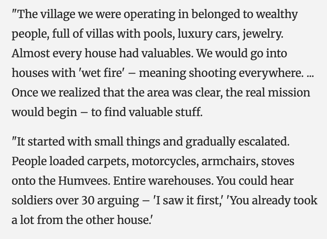 MaxBlumenthal's tweet photo. Israeli soldiers say they are "an army of Vikings" looting stores, stealing cars and even entire warehouses in Southern Lebanon

"There was also an unofficial mission: to take out the loot, to unload the spoils at the outpost where the headquarters was, so it would be waiting for the soldiers when they went home" 
https://t.co/BGYErmXP4v