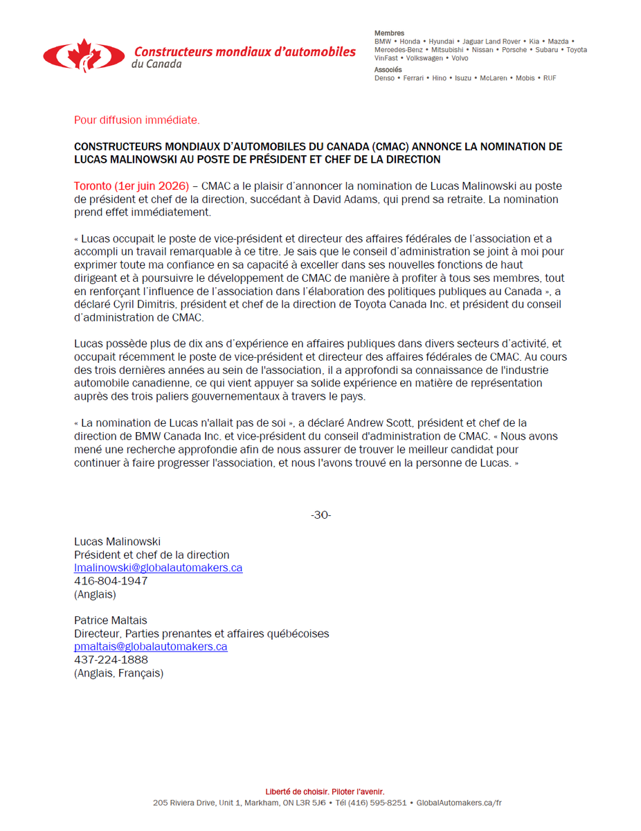 global_auto_ca's tweet photo. Please see the association's press release on GAC's new President and CEO, @LucasMalinowski, effective today.

ENGLISH: https://t.co/c8QxOI3hhy

FRANÇAIS: https://t.co/Pe4MpXNtBY https://t.co/tUq97mDVH8