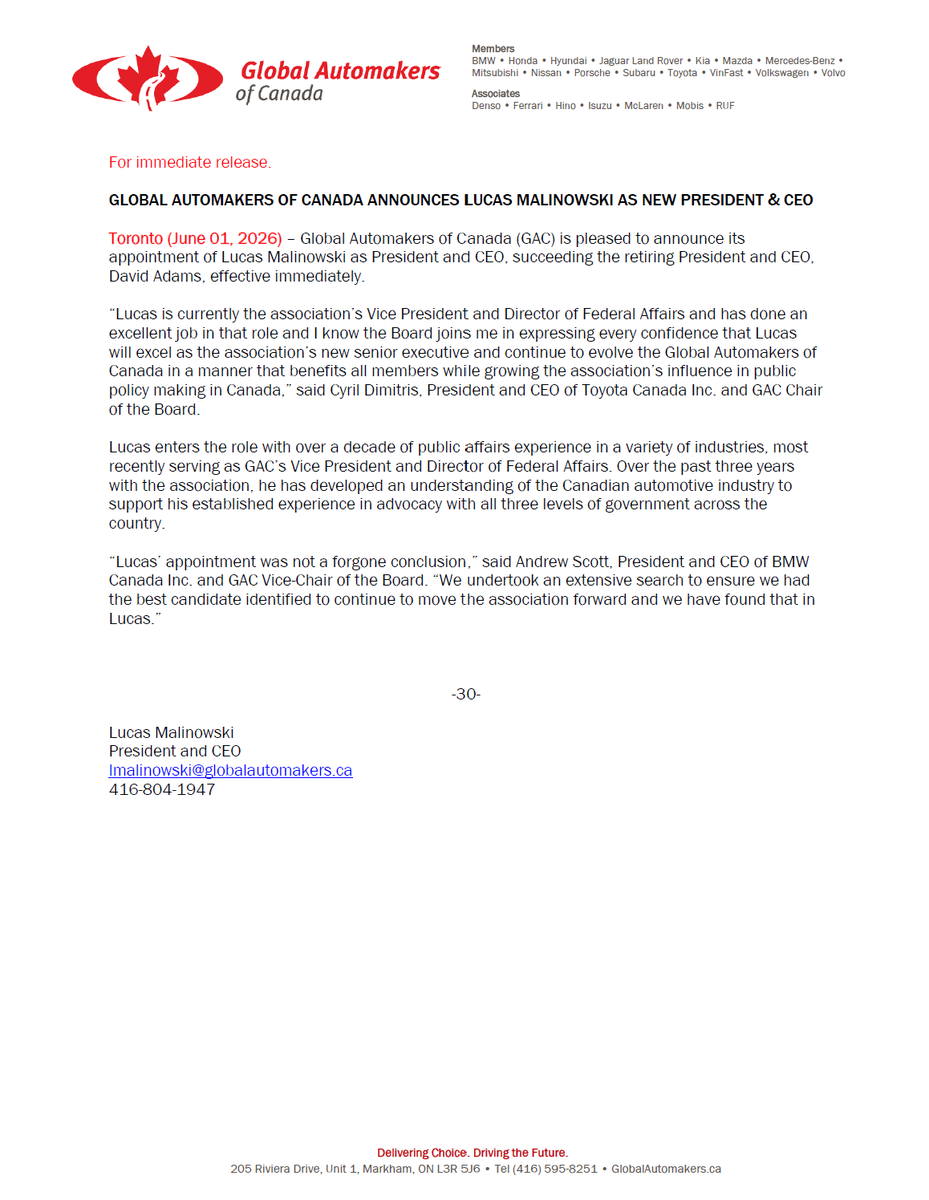 global_auto_ca's tweet photo. Please see the association's press release on GAC's new President and CEO, @LucasMalinowski, effective today.

ENGLISH: https://t.co/c8QxOI3hhy

FRANÇAIS: https://t.co/Pe4MpXNtBY https://t.co/tUq97mDVH8