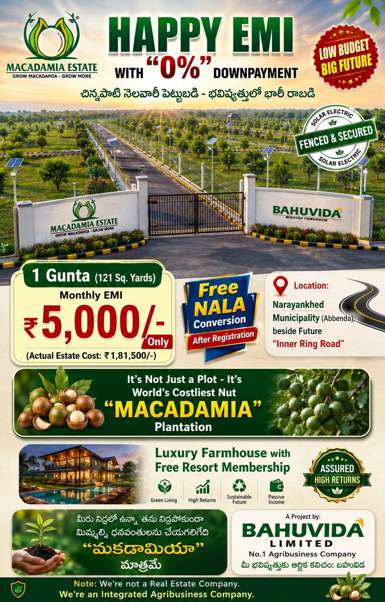 BahuvidaGroup's tweet photo. 🌰✨ MACADAMIA ESTATE – #LAUNCHINGOFFER! ✨🌰

🚨 Offer Closing Soon – Don't Miss This Opportunity! 🚨

Own 1 Gunta (121 Sq. Yards) of India's Premium #MacadamiaEstate for just ₹99,000/- (Limited Period Offer).

📞 Book Your Estate Today!

#Bahuvida #Macadamia #MacadamiaNuts https://t.co/u0ItHB9Sq5