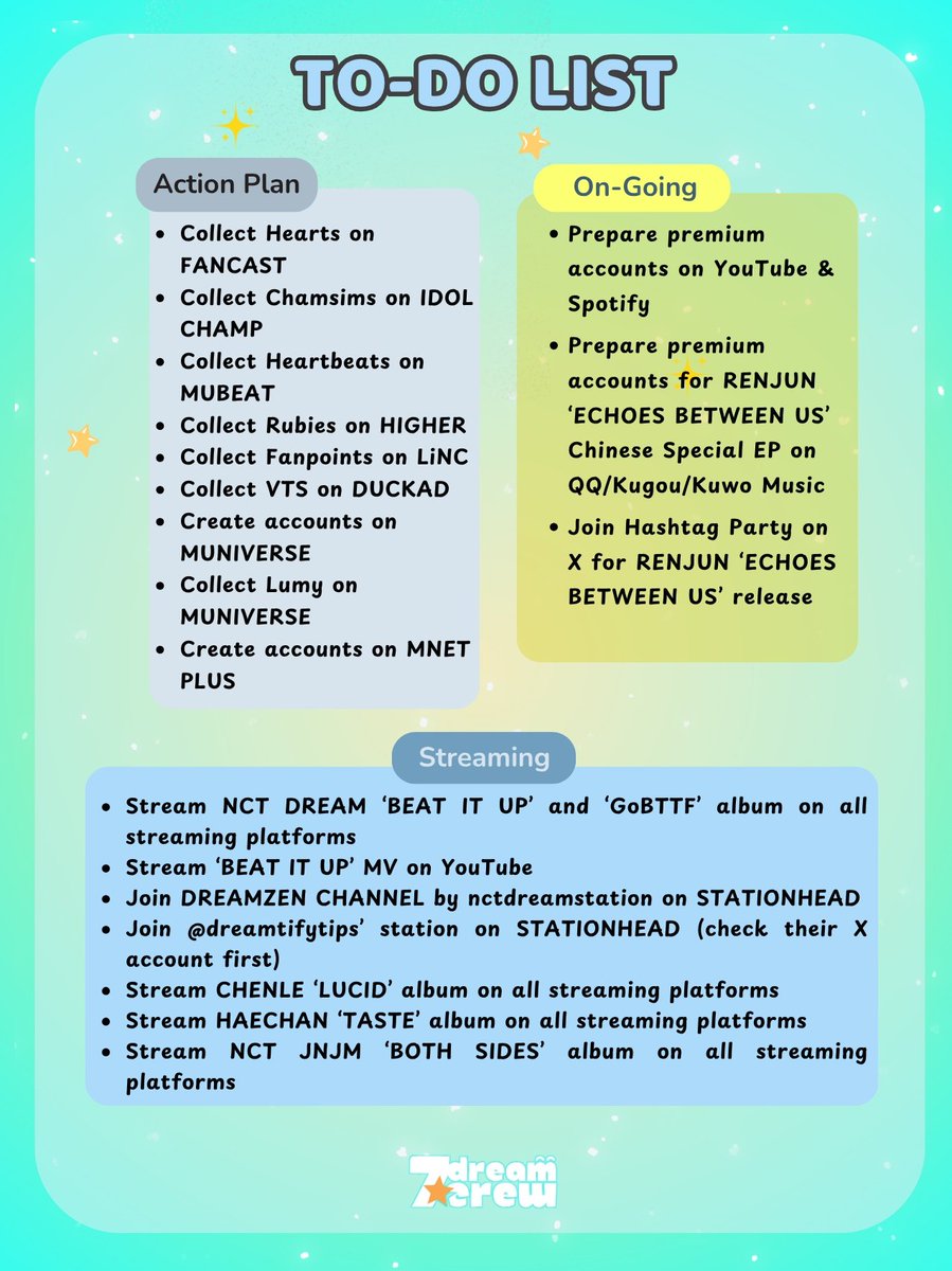 7DREAM_CREW's tweet photo. 📣 DREAMzens To-Do List 📣

DREAMzens, it's been a while! ✨ 
Renjun's「同谋者的默契 (Echoes Between Us)」will be released in less than 2 hours, so make sure you're ready for streaming, hashtag events, and all support activities! 💛🔥

Check out our updated to-do list to keep track of everything. Let's continue supporting all NCT DREAM members' projects and give our best support to 7DREAM! 🩵💪🏻

#RENJUN_同谋者的默契 
#NCTDREAM