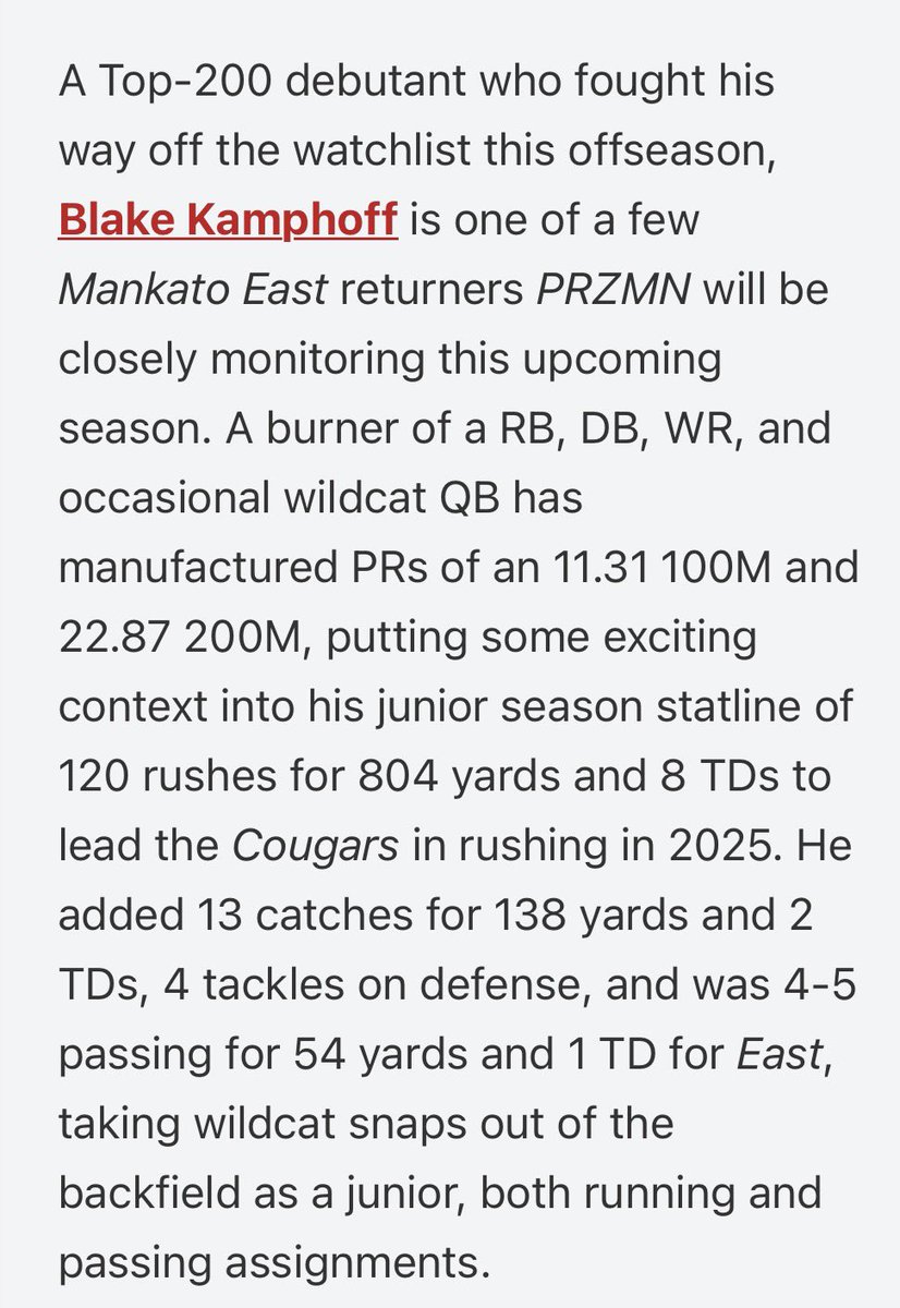 BlakeKamphoff's tweet photo. Thank you @OJW_Scouting for the write up. All the hard work is paying off!! @KatoEastFB @EastCougarTrack @PrepRedzoneMN https://t.co/YcFA2GNHcE