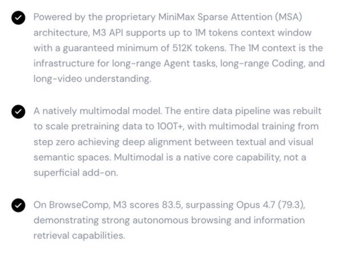 gradientintern's tweet photo. M3 delivers. outperforms Opus 4.7 in BrowserComp.

MiniMax’s first 1M context model pretty much 5x context from its previous models of around 204,800

and it supports video input too, multimodal built in as core.. 🥴🎥

beautiful. https://t.co/2mSYNbmH7J