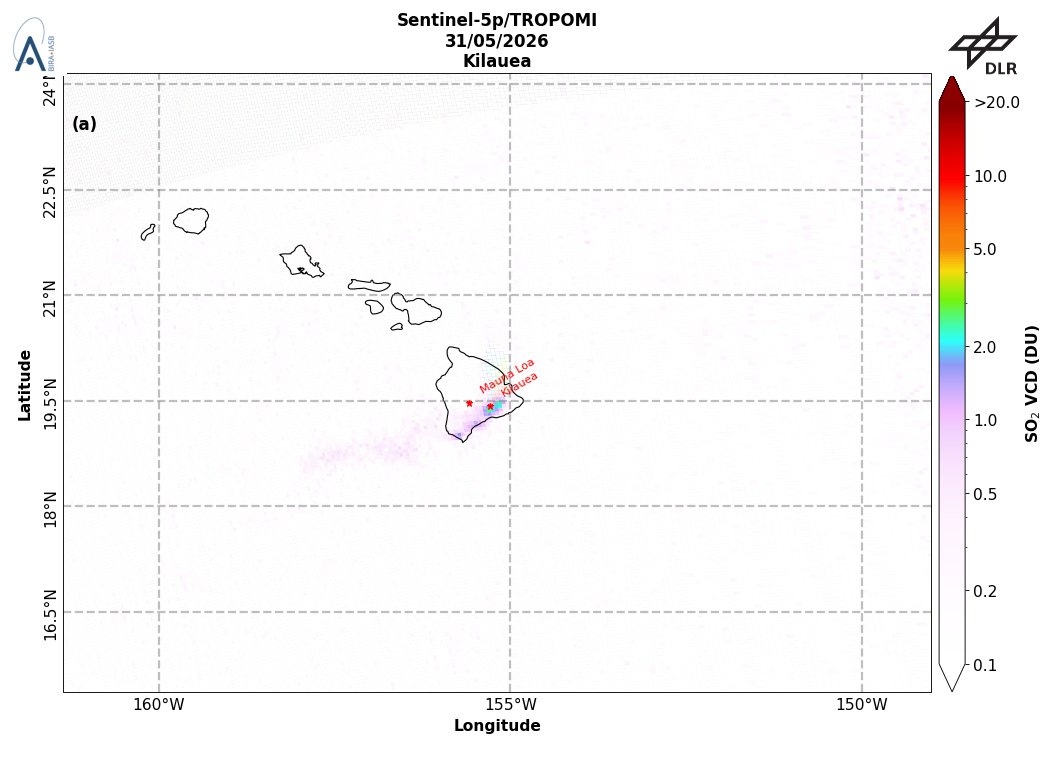 TROPOMI_SO2's tweet photo. On 2026-05-31 #TROPOMI has detected an enhanced SO2 signal of 5.62DU at a distance of 31.5km to #Kilauea. Other nearby sources: #MaunaLoa. #DLR_inpuls @tropomi #S5p #Sentinel5p @DLR_en @BIRA_IASB @ESA_EO #SO2LH https://t.co/dqQyus5NcY