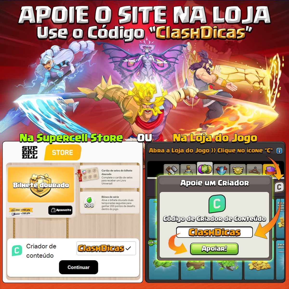 ClashDicas's tweet photo. 🛒 Ative o Código ClashDicas ao Adquirir Skins e o Bilhete Dourado no #ClashOfClans ⚔️🛍️

Esse apoio ajuda a continuar trazendo conteúdo do Clash pra comunidade, fazer sorteios e manter o site/grupo!

🎟️ SC STORE: https://t.co/3N3AEJWVZe

🔰DIRETO NO JOGO: https://t.co/2V56tpL8wJ https://t.co/i7E1jTi9BE