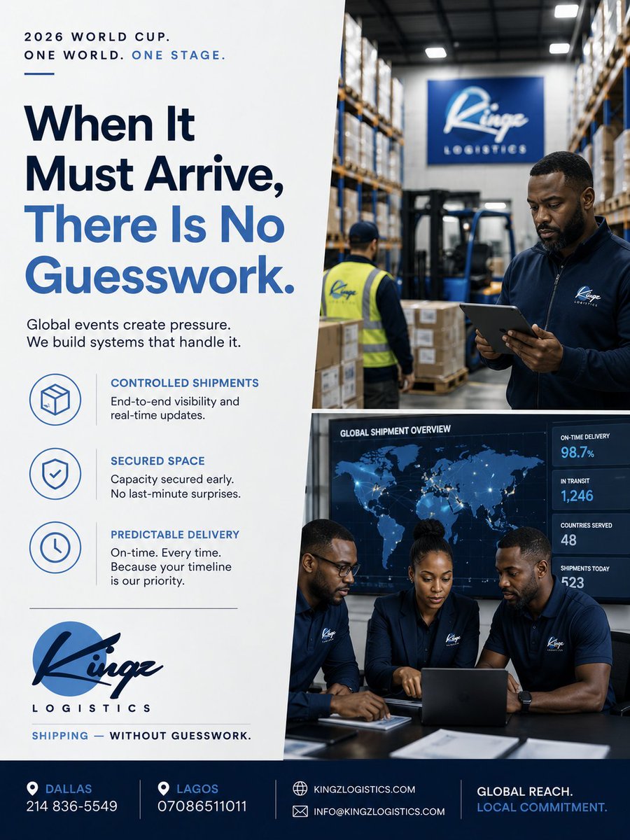 KingzLogistics's tweet photo. The world will be watching the game.

We'll be watching the supply chain.

As North Texas prepares to host the world in 2026, one thing is certain:

When timing matters, control everything.

Because behind every global event are shipments that must arrive, deadlines that can't move, and businesses that can't afford guesswork.

Ship before kickoff.

#WorldCup2026 #Logistics #SupplyChain #Dallas #KingzLogistics #ShippingWithoutGuesswork