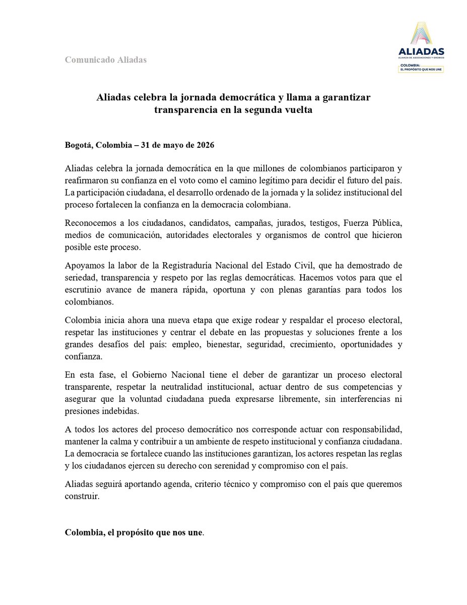 AliadasAlianza's tweet photo. Desde Aliadas destacamos el compromiso de los colombianos con la democracia y reconocemos la labor de la @Registraduria por su trabajo para garantizar una jornada electoral organizada y confiable.

La confianza en las instituciones es fundamental para fortalecer nuestra democracia y asegurar que la voluntad de los ciudadanos se exprese libremente. 🗳️

Colombia, el propósito que nos une. 🇨🇴 #votaciones

@larepublica_co @lafm @ELTIEMPO @ElNuevoSiglo @elespectador @elcolombiano @elheraldoco @BogotaET @NoticiasCaracol @CaracolRadio @NoticiasRCN @BluRadioCo @Citytv @Canal1_Col @RevistaSemana @lasillavacia @WRadioColombia @Noti360_ @RedMasNoticias @infobae @kienyke @ultimahoracol_ @UltimaHoraCR @Hora20