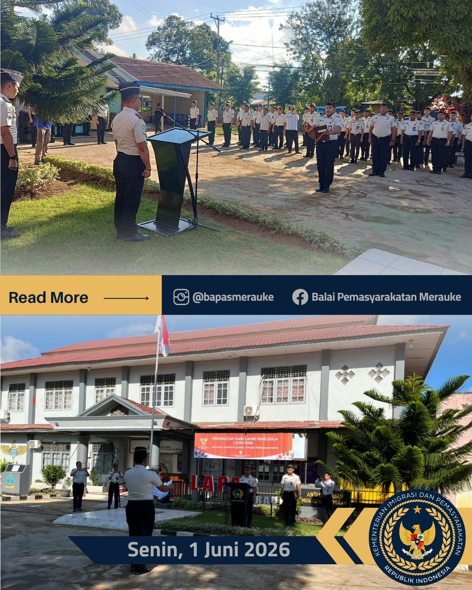 BapasMerauke's tweet photo. Senin (01/06/2026) Balai Pemasyarakatan Kelas II Merauke melaksanakan Upacara Bendera dalam memperingati Hari Lahir Pancasila Ke-81 Tahun 2026 bersama Lapas Kelas IIB Merauke dan Kanim Kelas II TPI Merauke.

https://t.co/LxNFBQyomH https://t.co/3eNPNe6mhR