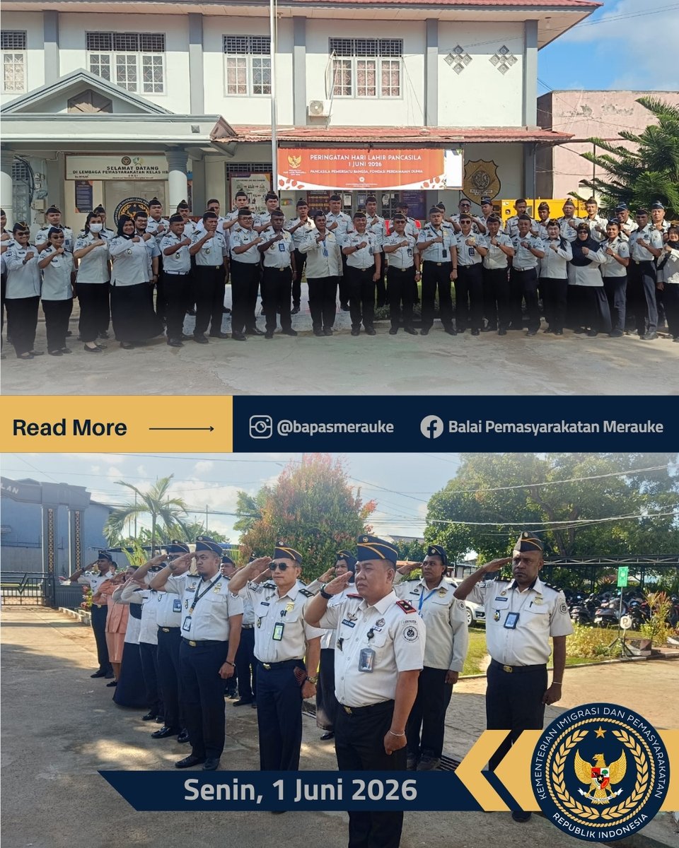 BapasMerauke's tweet photo. Senin (01/06/2026) Balai Pemasyarakatan Kelas II Merauke melaksanakan Upacara Bendera dalam memperingati Hari Lahir Pancasila Ke-81 Tahun 2026 bersama Lapas Kelas IIB Merauke dan Kanim Kelas II TPI Merauke.

https://t.co/LxNFBQyomH https://t.co/3eNPNe6mhR