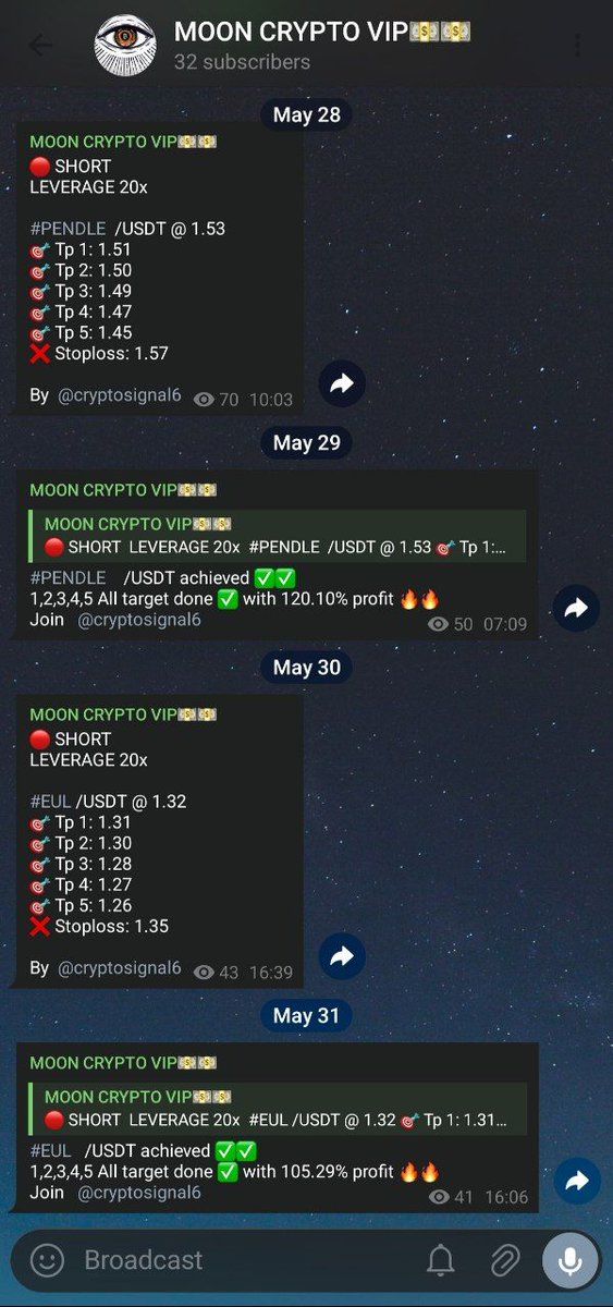 cryptosignal666's tweet photo. 🔴 SHORT 
LEVERAGE 20x

$EUL /USDT @ 1.32
🎯 Tp 1: 1.31
🎯 Tp 2: 1.30
🎯 Tp 3: 1.28
🎯 Tp 4: 1.27
🎯 Tp 5: 1.26
❌ Stoploss: 1.35

#EUL   /USDT achieved ✅✅
1,2,3,4,5 All target done ✅ with 105.29% profit 🔥🔥
Join   @cryptosignal666 https://t.co/jsM38Bf7jk