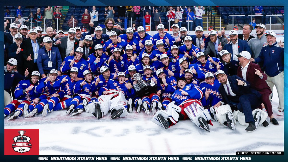 OHLHockey's tweet photo. The @OHLRangers are #MemorialCup Champions for the third time in franchise history, defeating the Everett Silvertips 6-2 to complete a 4-0 run in Kelowna, BC.

📰: https://t.co/ZJqIAeRgfP https://t.co/rjNI86Hrfd