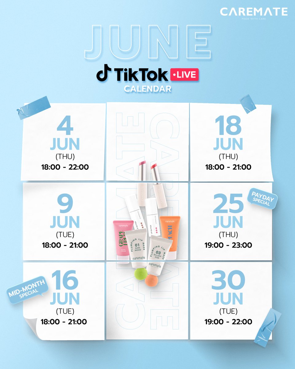 CaremateTH's tweet photo. 📌 ตาราง LIVE เดือน JUNE มาแล้ว 💗
รวมโปรเด็ด ดีลพิเศษ และ Flash Sale ที่ห้ามพลาดตลอดเดือนนี้ ✨

👉 กดติดตาม + เปิดแจ้งเตือนไว้เลยครับ
TikTok : @caremate.officialth
#Caremate #TikTokLive #LiveCalendar #FlashSale https://t.co/XHoBigChzI