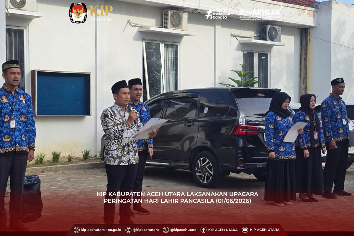kipacehutara's tweet photo. #TemanPemilih Keluarga besar KIP Kabupaten Aceh Utara melaksanakan Upacara Peringatan Hari Lahir Pancasila pada Senin, 1 Juni 2026, di halaman Kantor KIP Kabupaten Aceh Utara.

#HariLahirPancasila2026
#Pancasila
#KIPAcehUtara
#AcehUtara
#IndonesiaRaya
#BerAKHLAK https://t.co/XFF9qs1aJm