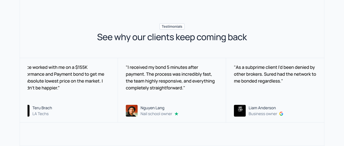 c_ezeiru's tweet photo. Continuing the redesign for Sured, a venture-backed surety bond platform.

The original testimonials were fine, but were saying the same thing. Three versions of "great service." So I swapped them for three that each answer a different buyer fear:

- Overpaying? Sured has the lowest price on a $155K bond.
- Slow process? someone got bonded ten minutes after payment.
- Getting rejected? A subprime client, denied elsewhere, bonded here.

The stats had the same problem. 5,000 bonds and 4,500 companies are just volume. But the gap between them is the actual story: businesses come back.

Small reframes like this are the difference between a section people scroll past and one that actually builds trust.