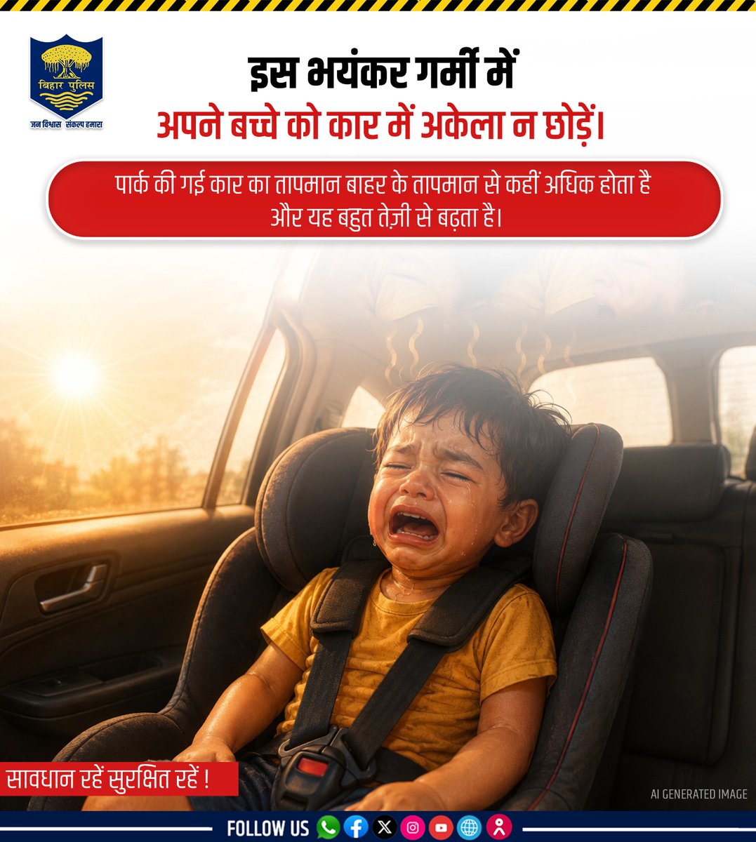 bihar_police's tweet photo. तेज़ गर्मी, बंद कार और मासूम ज़िंदगी — यह लापरवाही जानलेवा बन सकती है!
कुछ मिनटों की चूक भी बच्चे की जान को खतरे में डाल सकती है। 
सावधान रहें, सुरक्षित रहें।

#BiharPolice #StayAlertStaySafe #ChildSafety #HeatwaveSafety https://t.co/Omnufkw00M