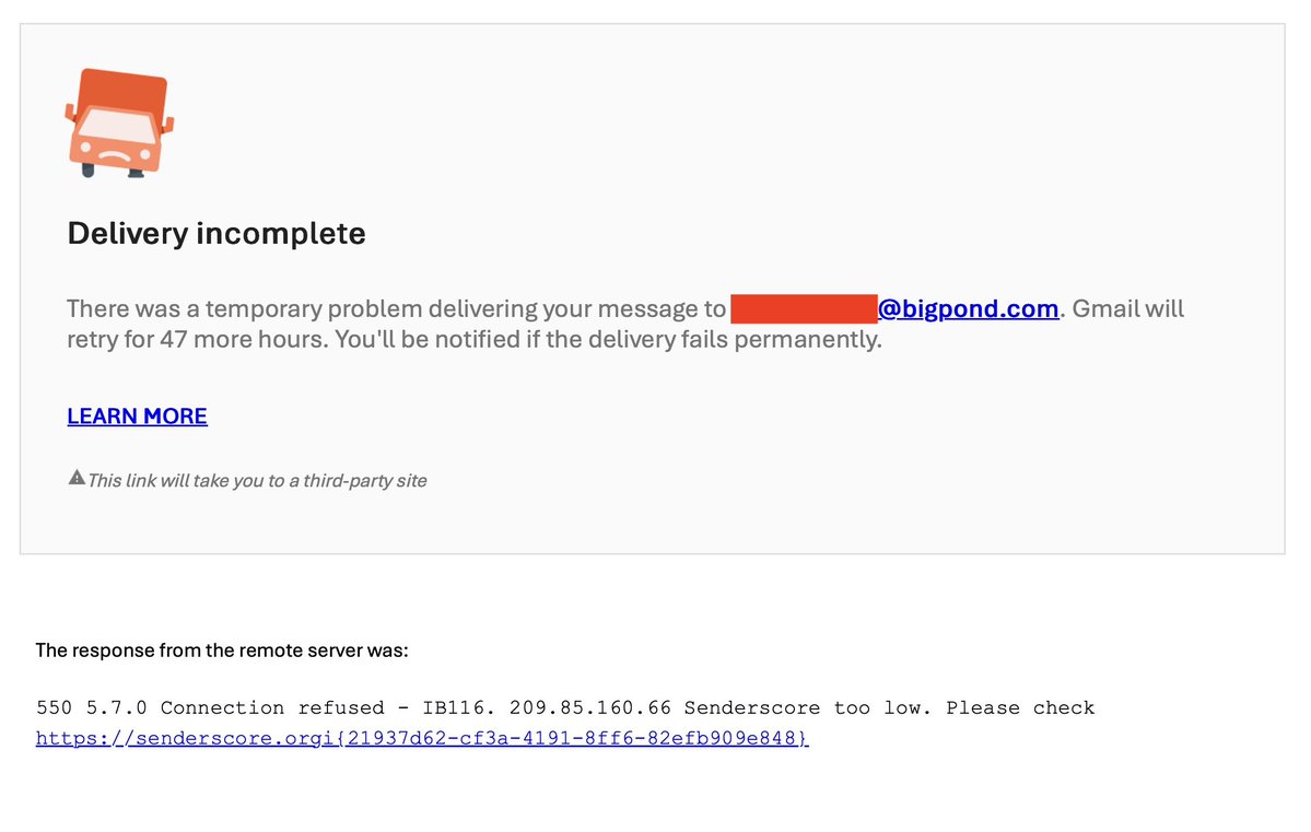 BingIsBackBaby's tweet photo. @Telstra, are you ever going to fix this issue with your sendscore filter?

We get $hitloads of spam yet a legit e-mail from Gmail can't get to colleague.

WHAT ARE YOU DOING ABOUT THIS - IT HAS BEEN TWO MONTHS NOW!!!

#Telstra #Bigpond #TechFail #ACCC #ISPFail #Australia #AUSPol https://t.co/Hug9hoo8SP