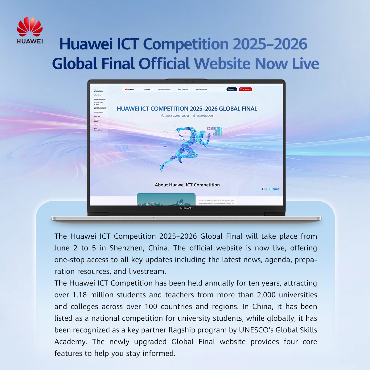Huawei's tweet photo. The Huawei ICT Competition 2025–2026 Global Final is bringing the world's talented and aspiring tech students to Shenzhen. Tune in June 5 for the AI Accelerating Education Transformation Summit, 9:30–12:00 (UTC +8), and the Closing &amp; Awards Ceremony 15:00–18:00.