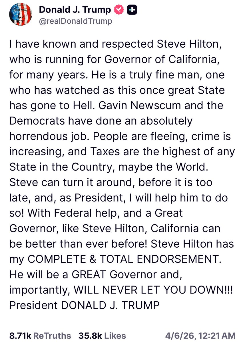 patriot_karma's tweet photo. It’s really pretty simple — while @ChadBianco might be a great guy (I have no idea if he is or not 🤷🏼‍♀️), President @realDonaldTrump endorsed @SteveHiltonx for Governor of California.

So if you’re #MAGA, vote for STEVE HILTON.

Trump has the numbers & inside knowledge that we don’t. I trust Trump. Period.