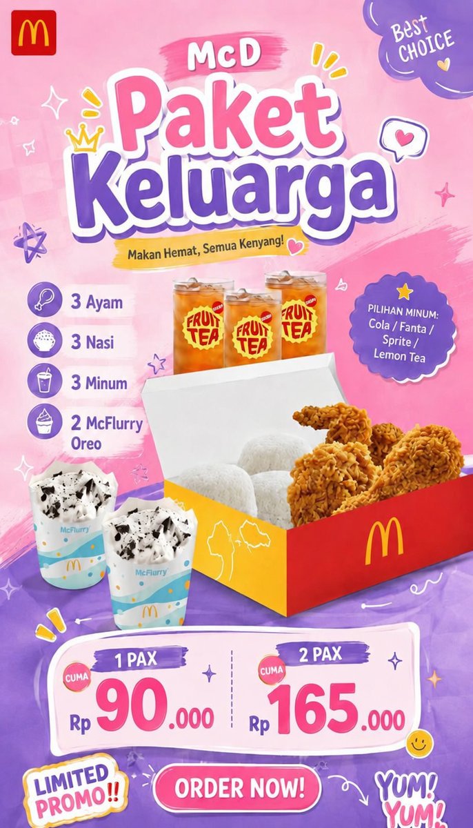 yudsputra's tweet photo. 🔥 PROMO ALERT! 🔥
Paket Keluarga McD = 3 Ayam + 3 Nasi + 3 Minum + 2 McFlurry Oreo
Cuma Rp 90.000 buat 1 PAX! 😱🍗 Makan Hemat, Semua Kenyang!
Buruan order sebelum habis! ⏳👇
#McD #PaketHemat #LimitedPromo #McFlurryOreo https://t.co/hJLyb4W6TA