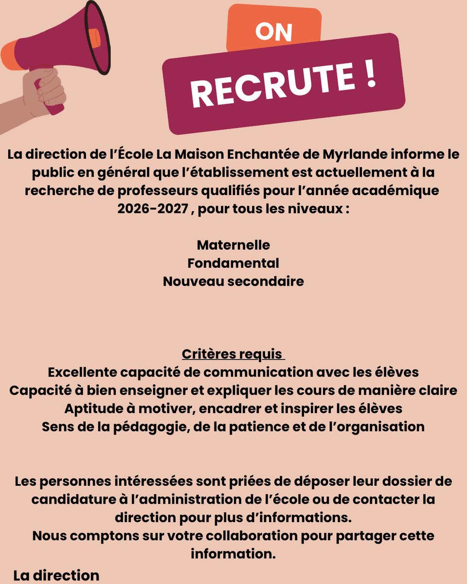 Samirah__H's tweet photo. Je vous informe que l’École La Maison Enchantée de Myrlande recrute des professeurs pour l’année académique 2026-2027 (maternelle, fondamental et nouveau secondaire
Si vous êtes intéressé(e) ou si vous connaissez quelqu’un qui pourrait l’être, merci de déposer votre CV https://t.co/QSN0ZlW6hS