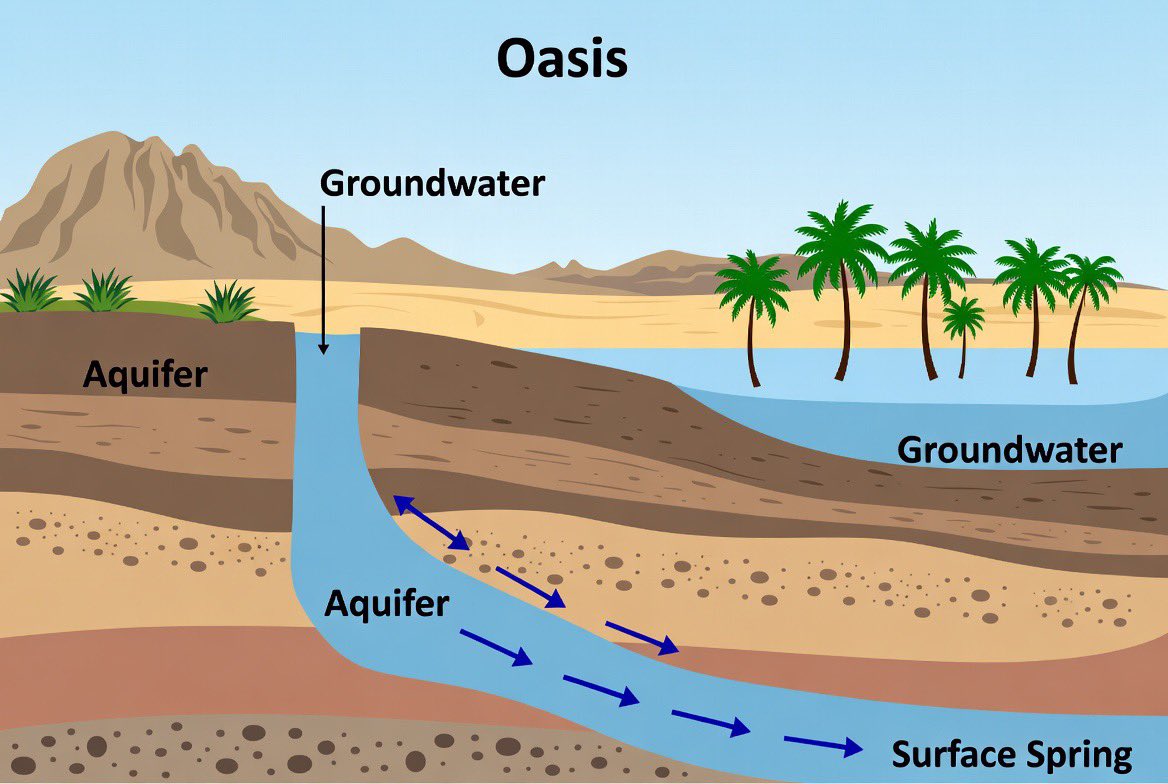 brenya_jhunior's tweet photo. Did You Know?
Oases aren’t magic — they’re formed when underground water surfaces in the desert!
Beauty from below. 🌿💧
#Oasis #Desert #Groundwater #NatureFacts #ExploreNature #GeographyIsCool https://t.co/TGROeEuz8c
