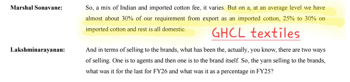 nooreshtech's tweet photo. India removed cotton import duty for 5 months.

Notable thing is that it was a recurring ask across textile earnings calls:

→ GHCL Textiles: ~30% of cotton requirement imported

→ Nitin Spinners: Industry sought permanent duty removal

→ Sportking: Called it "the one fight we have to win"

→ Vardhman: Warned of cotton shortage and pushed for duty-free imports

Government has finally provided some temporary relief to the industry

Potential beneficiaries: Spinners, yarn exporters and integrated textile players

#textiles #cotton